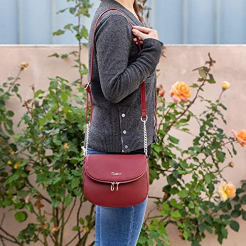 David Jones - Women's Small Crossbody Bag - Ladies Chain Shoulder Bag PU Leather - Zipper Flap Messenger Bag Multiple Pocket - City Casual Saddle Handbag - Work Travel Phone Clutch Purse Burgundy Red — view 2