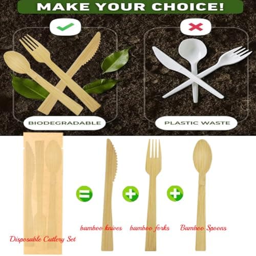 10Pack Luxury Individually Wrapped Disposable Cutlery Set; Biodegradable Knife Fork Spoon Sets Packets; Eco-Friendly Wooden Guest Disposable Utensils for Party, Camping, Traveling, Family Dinners — view 2
