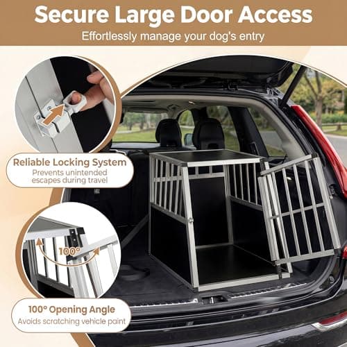 GYMAX Travel Dog Crate, Aluminum Dog Transport Box with Lockable Door & Trapezoidal Design, Chew-proof Puppy Cage for Camping Truck (91 x 65 x 69.5 cm,without Removable Divider) — view 4