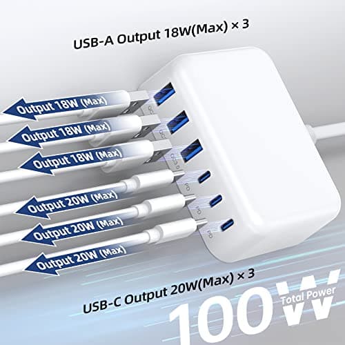 100W GaN 6 Port USB C Charging Station - Portable Travel Multi Desktop Charger With 3 USB C and 3 USB A Fast Charging for iPad iPhone 16 15 14 13 12 Pro Max Pixel Note Galaxy - White — view 2