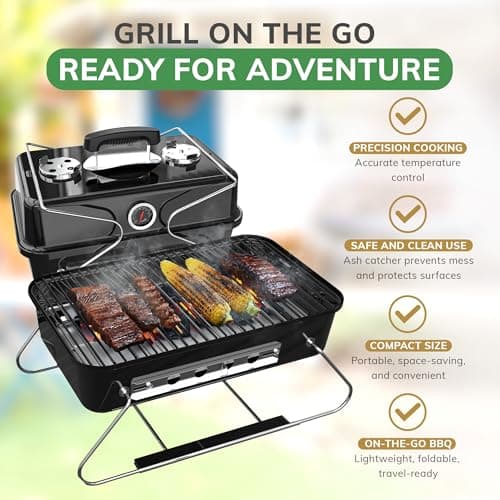 House of Home Portable Charcoal BBQ Grill – Compact Folding Barbecue with Thermometer, Heat Resistant Ash Catcher, Air Vents & Enamel-Coated Rack – Perfect For Camping & Garden Cooking (Black) — view 5