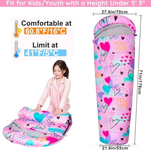 MHJY Kids Sleeping Bag for Girls Boys 3 Season Warm & Cool Weather Youth with Backpacking Bag Waterproof for Traveling Hiking Outdoor Camping Essentials — view 2