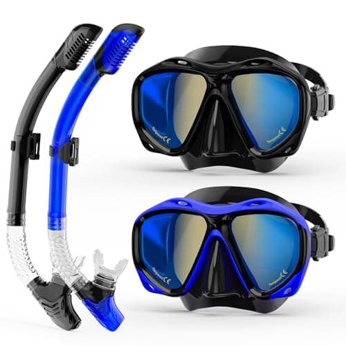 Snorkeling Gear for Adults, Snorkel Mask With Mirrored Tempered Glass Lens 180° Wide View Anti-Fog Scuba Diving Mask, Professional Snorkel Set for Swimming Diving (Black+Blue)