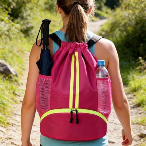 DDSHUN Drawstring Backpack, Waterproof Gym Bag, Unisex Large Oxford PE Pack Students School Backpack Swimming Bag Durable Sports Ball Bag with Shoe Bags (Rose Red) — view 6