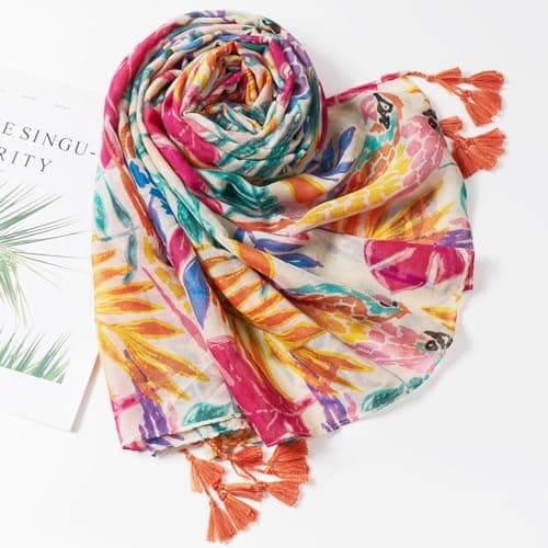 QIUTIMIY Scarf for Women Lightweight Soft Floral Printed Scarves Fall Winter Fashion Shawl Wrap with Fringe(Leaves-Orange Pink) — view 4