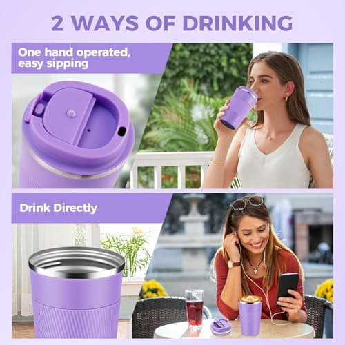 Volhoply 380ml 13oz Stainless Steel Insulated Travel Coffee Mug with Fip Lid,Reusable Double Wall Vacuum Metal Coffee Cup,Portable to Go Leak Proof Cafe Tumbler for Hot & Cold Drinks(Purple,1) — view 5