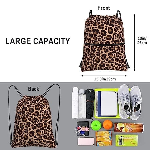 Newhomestyle Leopard Printing Drawstring Backpack Bag, Cheetah Outdoor Sport Gym Sackpack, Durable Zipper Waterproof Beach Bag, Adjustable Lightweight String Bag for Women Men — view 4