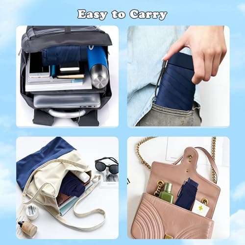 Navy Blue Mini Folding Umbrella, Lightweight Compact Pocket Umbrella, UPF50+ UV Sun & Rain Protection, 6 Rib Sturdy Windproof Waterproof Travel Umbrella with Case, Small Umbrella for Men and Women — view 6