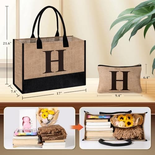 Tecanne Initial Jute Tote Bag & Makeup Bag, Birthday Gifts for Women Her Mum Teacher, Suitable for Wedding, Beach, Holiday (H) — view 6