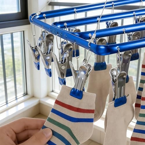 Clothes Drying Hanger 1PC 30 Clips Aluminum Alloy Laundry Rack Blue — view 5