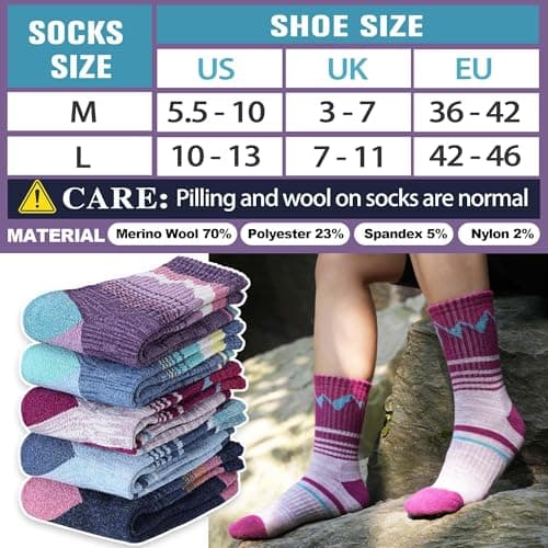 Sandsuced Womens Merino Wool Hiking Socks Thermal Winter Warm Cosy Outdoor Crew Socks 5 Pairs Gift Stocking Fillers(Purple/Blue/Dark Blue/Rose Pink/Light Blue,3-7) — view 5