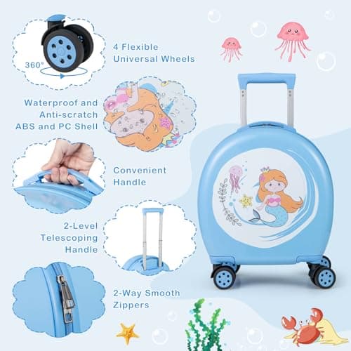 GYMAX 4Pcs Kids Luggage Set, 10” Backpack & 14” Children Hardshell Suitcase with Wheels, Neck Pillow & Name Tag, Toddler Carry On Luggage Set for Travel School (Blue+White) — view 3