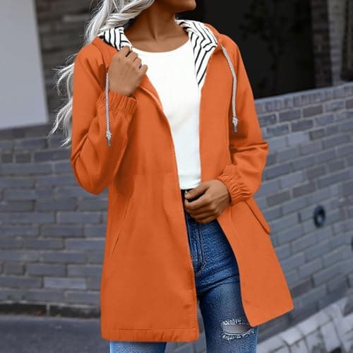Gkojhj Women's Rain Jacket Lightweight Hooded Long Rain Coat Waterproof Jackets Functional Breathable Windbreaker Jacket Ladies Pack Away Active Outdoor Coats-1 — view 2