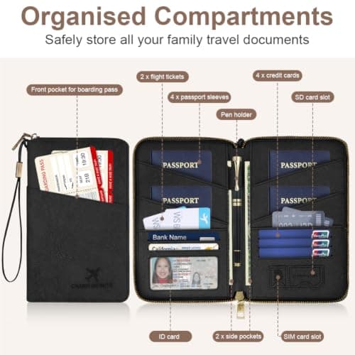 AOOSU Travel Wallet, Family Passport Holder, RFID Blocking Travel Accessories Document Organiser, Travels Document Holder for Tickets Waterproof Cover Holiday Essentials Case for Man & Woman Black — view 5