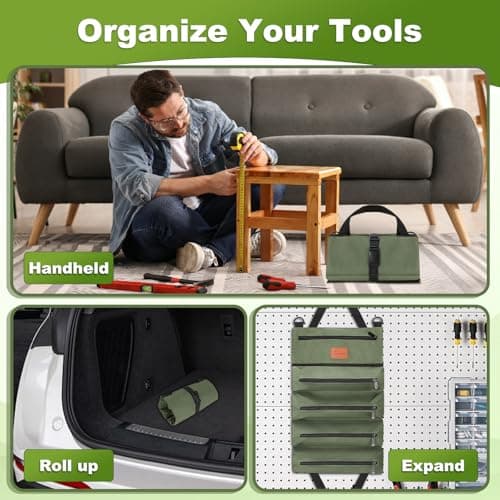 MORROWIND Roll up Tool Bag, Heavy Duty Portable Tool Organizer with Waterproof Oxford Cloth and Zipper Pouch, Rollable Carrying Storage for Mechanics Electricians and Repairmen, Green — view 6