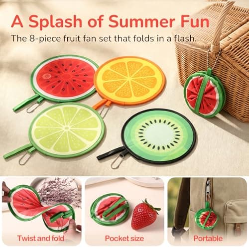 Wulshome 8 PCS Round Folding Hand Fans, Portable Fruit Hand Held Fans Folding Round Pop up Fan for Summer Party Wedding Home Decoration Cooling — view 6