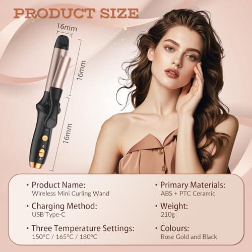 Cordless Curling Wand Mini Hair Curler, 25mm Curling Tong, Portable Travel Curling Tongs with 3 Temperature Heating Levels 150°C to 180°C Verbrühschutz for Long Short Medium Hair(Rose Gold & Black) — view 2