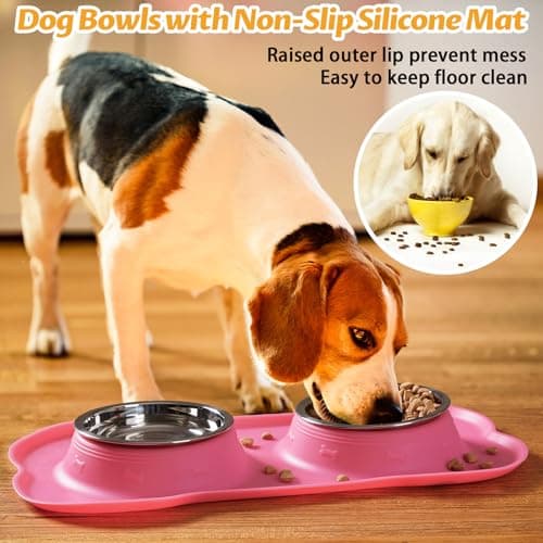 Hubulk Pet Dog Bowls 2 Stainless Steel Dog Bowl with No Spill Non-Skid Silicone Mat + Pet Food Scoop Water and Food Feeder Bowls for Feeding Small Medium Large Dogs Cats Puppies (M, Pink) — view 6