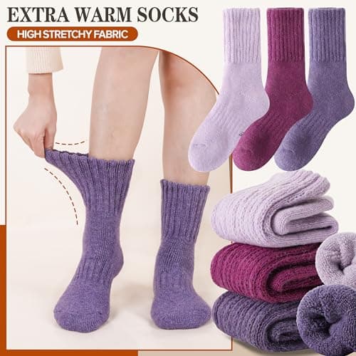 Sandsuced Merino Wool Thermal Boot Socks for Men Women Winter Warm Thick Cosy Walking Hiking Work Stocking Fillers Socks 3 Pairs(Rose Red/Light Purple/Dark Purple,M) — view 6