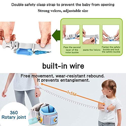 Eidyer Anti Lost Safety Wrist Link Belt, Children Harness Belt Safety Adjustable 1.5M/4.92ft Baby Toddler Reins Safety Strap Leash Walking Hand Belt Elastic Wire Rope Fluorescent and Security Lock — view 3
