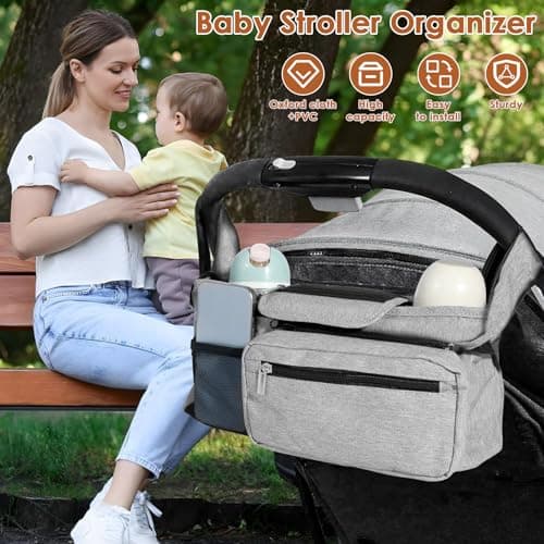 Stroller Organizer with 2 Cup Holder,Pram Bag Waterproof Oxford Infant Caddy Organizer with Detachable Pocket Adjustable Shoulder Strap Organizer Portable (Grey) — view 3