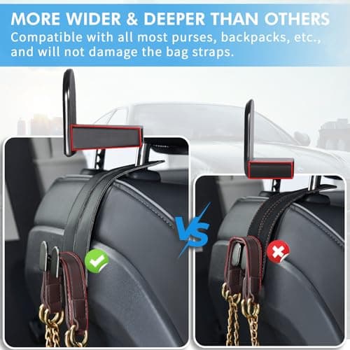 Car Hooks for Headrest, Leather Car Seat Back Storage Organizer Interior Accessories, More Wide & Deep Auto Seat Hook Hangers for Purse Umbrellas Handbag Clothes Coats Grocery Bags (Black-2 Pack) — view 4