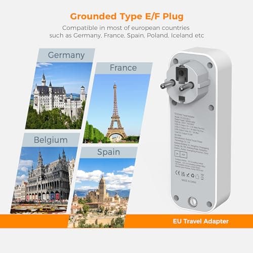 TESSAN UK to European Plug Adapter, Type E F Travel Adapter with USB C — view 3