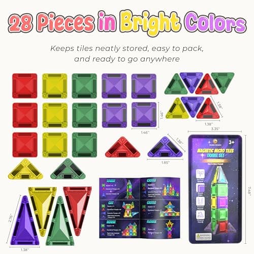 Micro Magnetic Tiles Building Blocks Toy - STEM Educational Travel Size Magnetics Blocks for Kids, Preschool Sensory Montessori Magnetic Toys for Boys & Girls 3+ Years Old 28PCS - Multicolour — view 6