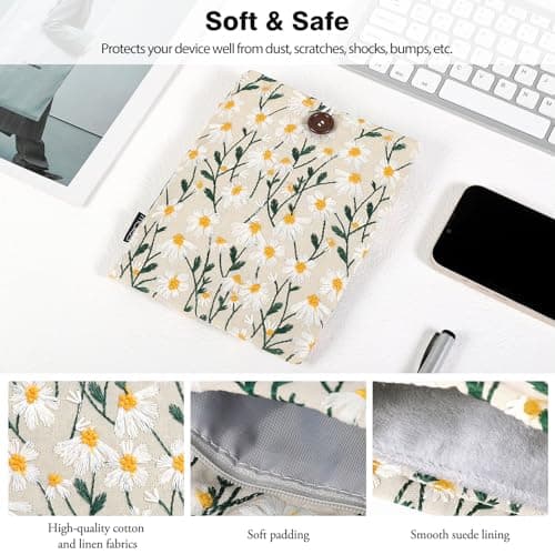 MoKo 6-7 Inch Embroidered Daisy Padded Sleeve Pouch for Kindle Paperwhite 12th Gen 2024, 2022-2016, Oasis, Voyage, Kobo eReader - Beige — view 3