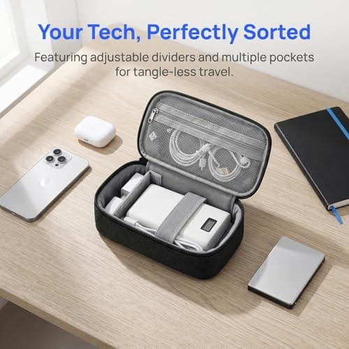 Solvio Electronics Organiser Bag, Rigid Travel Tech Pouch Bag with Handle, Waterproof Shockproof Cable Storage Case with Removable Dividers for Chargers, Cords, Power Bank, Hard Drive, Black — view 6