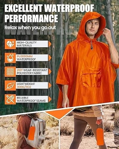 Evolpor Poncho Waterproof Adult, Rain Poncho Adult Waterproof Lightweight Reusable Adult Waterproof Poncho, Waterproof Rain Poncho for Outdoor Camping Hiking Traveling Cycling Deep Orange — view 6