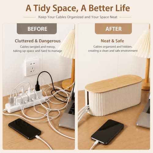 Velicber Cable Management Box Cable Tidy Box with Bamboo Lid 33x13x11 cm — view 4