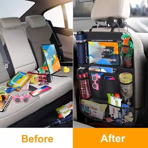 2-piece car storage bag set, including child seat back storage bag, rear seat protector, 10-inch tablet cover, and 9-pocket storage bag with kick guard for storing water bottles, toys, books, etc. — view 4