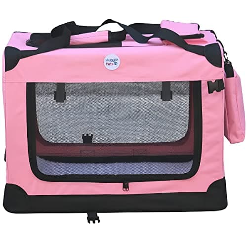 HugglePets Foldable Fabric Pet Crate Carrier - Pink (Medium 60 x 42cm) Lightweight & Ventilated Double Door Carrier for Dogs & Cats with Sheepskin Mat. Ideal for Home & Travel. — view 2