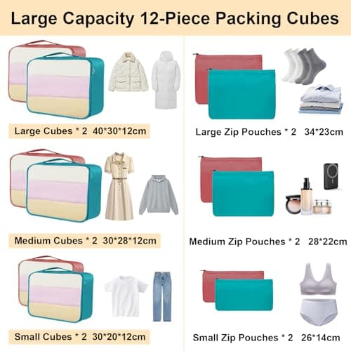 12 Piece Packing Cubes, Multi Coloured Packing Cubes for Suitcases, Mesh & Flat Zip Bags, Large Medium Small Sizes, Lightweight Travel Cubes for Luggage Storage (12, Blue Watermelon Red) — view 2