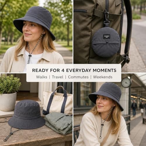 Dark Grey Bucket Hat with UPF50+ Sun Protection & Foldable Design - Adjustable Chin Cord for Secure Fit in Outdoor Activities Like Hiking and Travel, Waterproof, Breathable & Quick-Drying (Grey) — view 3