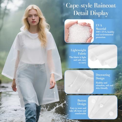 CHGANG Waterproof Poncho Adult, Reusable Rain Poncho Lightweight Waterproof Raincoat Emergency with Hood for Outdoor Hiking Camping Cycling Traveling (Clear) — view 3