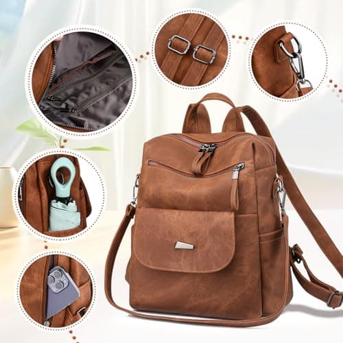 Wisebom Women Backpack, Anti theft backpack, Casual PU leather backpack women for Travel Shopping and School, Fashionable and lightweight Two in one convertible backpack (brown) — view 5