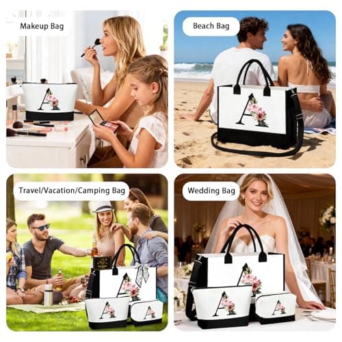 Initial Canvas Tote Bag, Personalized Gifts for Women, Personalized Makeup Bag, Cosmetic Bags, Suitable for Wedding, Birthday, Beach, Holiday, Gift for Women, Mom, Teachers, Friends, Bridesmaids — view 6