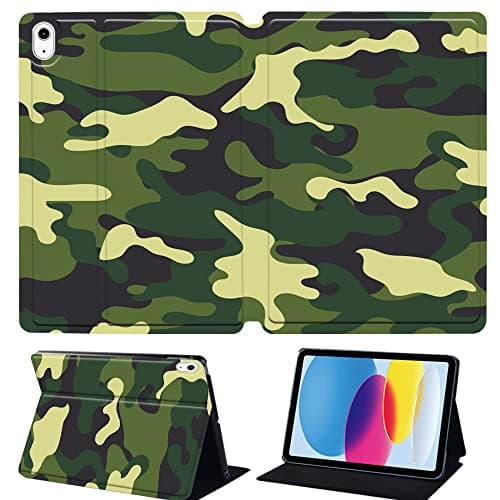 Camouflage Printed Tablet Case for iPad 10th Generation 10.9 Inch, Slim Hard Back Cover with Smart Stand - Army Camo