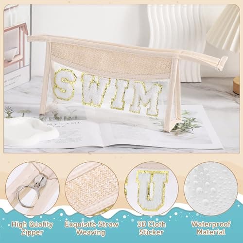 Etercycle Boho Patch Makeup Bag, Clear PVC Travel Toiletry Bag Waterproof Beach Bags for Women, Small Chenille Letter Bag with Zipper for Beach Travel Essentials (Swim) — view 3