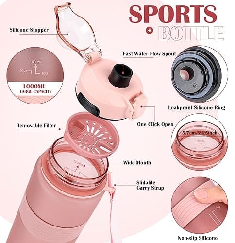 CodiCile Water Bottle, BPA Free 1l Water Bottle Leak Proof Drinks Bottle, Large Sports Bottle Great for Gym, School, Office and Travel (Rose-gold Pink) — view 3