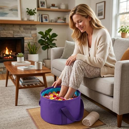 Foldable Bucket for Soaking Feet, Portable Foot Bath Basin, Travel Foot Soaking Tub with Handles, Purple Foot-Spa Soaking-Tub for Home, Travel, Outdoor and Camping (14 L/11x7.5 Inch) — view 5