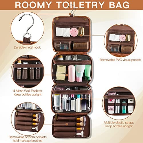 Elviros Hanging Toiletry Bag for Men, 3-in-1 PU Leather, Brown — view 4