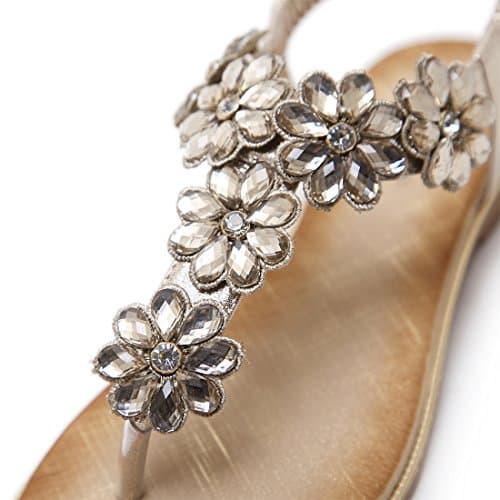 iCKER Women's Flat Sandals Ladies Thong Flat Sandals Bohemian Beaded Strap Sandals Diamante Rhinestone Leather Sandals, 4UK(label size 38), Gold — view 2
