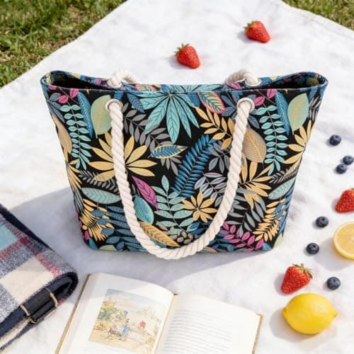 Witeygai Large Vintage Beach Tote Bag for Women, Zipper Canvas Rope Handles — view 3