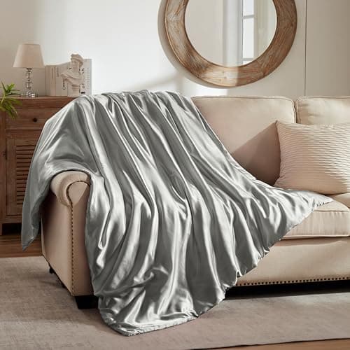 MILVOWOC Silver Grey Satin Throw Blanket - 60 x 80 Inches, Cooling Packable Lightweight Satin Blanket, Soft & Cozy Silky Throw Blanket for Couch Sofa Bed Outdoor Travel — view 2