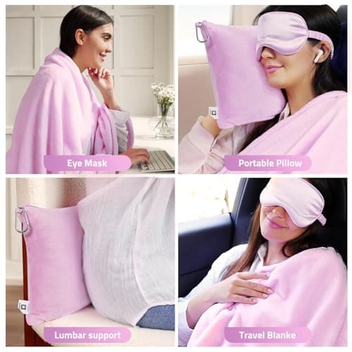 ENZOLVE Travel Blanket Pillow,Airplane Blanket Compact with Bag Eye Mask, Ultra-Soft,Warm & Lightweight Included,Travel Essentials for Women & Men, Luggage Sleeve & Backpack Clip 65x40 in,Purple — view 5