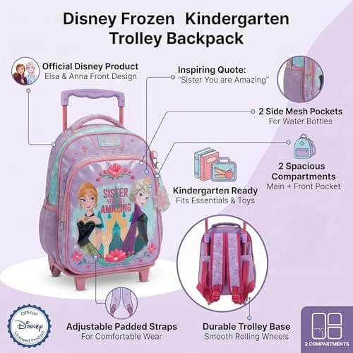 Disney Frozen Kindergarten Trolley Backpack with Wheels | Frozen Anna & Elsa ''Sister You are Amazing'' School Bag with 2 Compartments for Girls — view 5