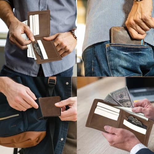 OBSEWAU Leather Wallet, Mens Slim Wallet with Card Holder Banknote Compartments and Coin Pocket, Men's Small Bifold Leather Wallet for Work Business or Travel Minimalist Purses for Men UK (Brown) — view 6